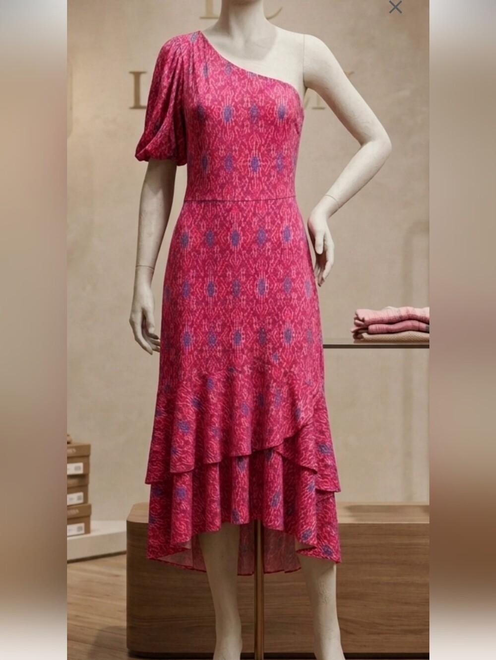 ***Ralph Lauren Pink Patterned High-Low Midi Dress Pit 23 Has Strech Waist 18"